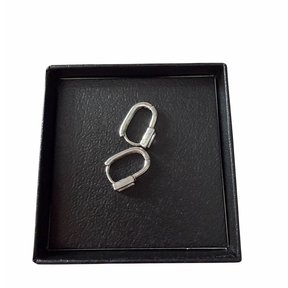 Silver Hoop Earrings with Baguette Crystal Accent - White - Picture 3 of 3